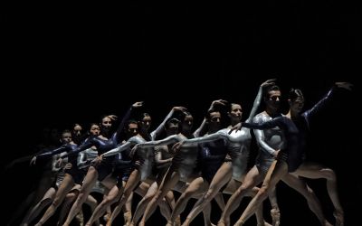 dwunastu tancerzy baletowych stojących w rzędzie na przemian kobieta i mężczyzna, niektórzy mają srebrne, inni czarne trykoty, mają wysunięte prawe nogi, a lewe ręce unoszą w góre, tło jest czarne